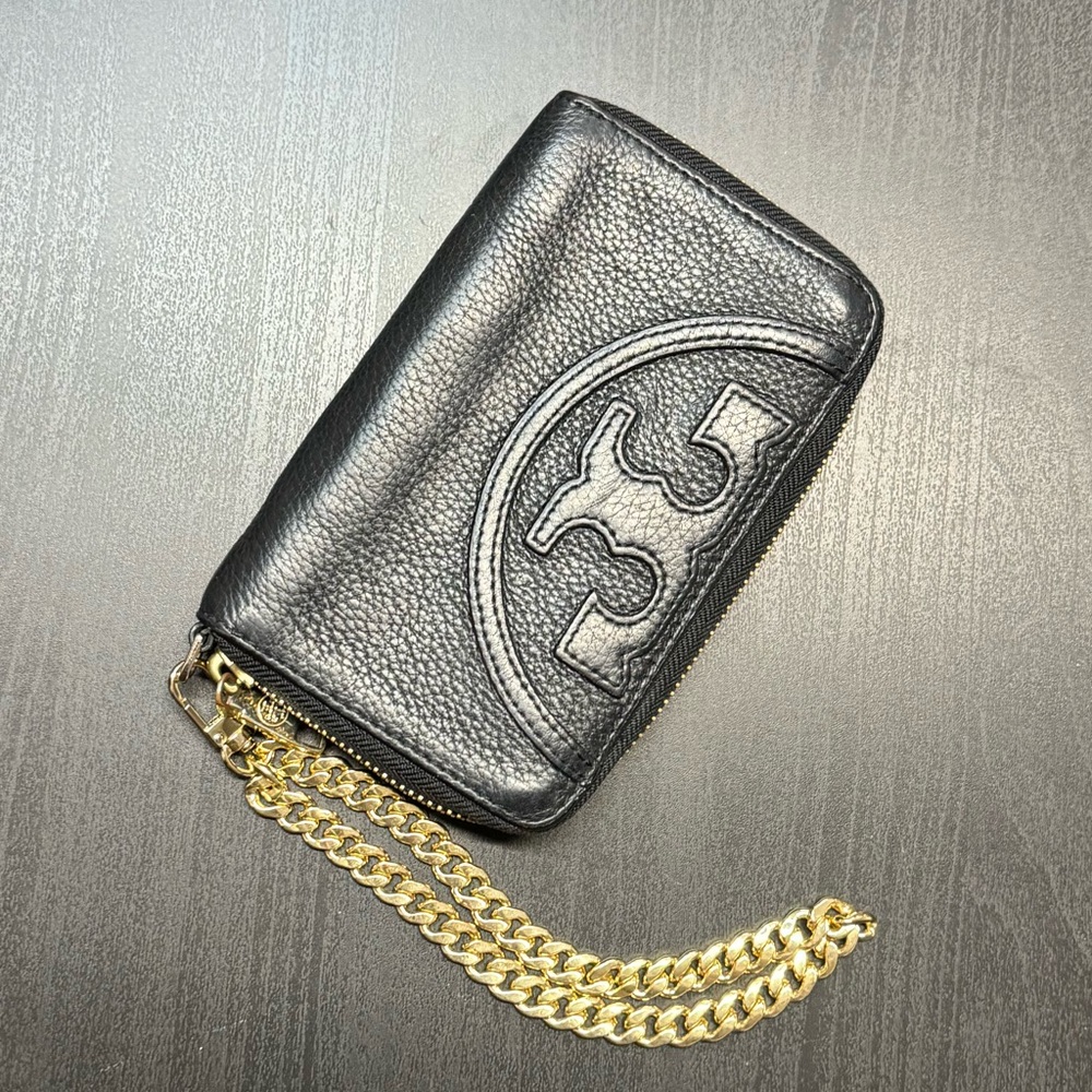 Tori Burch Black Leather Wallet with Gold Chain for Wristlet